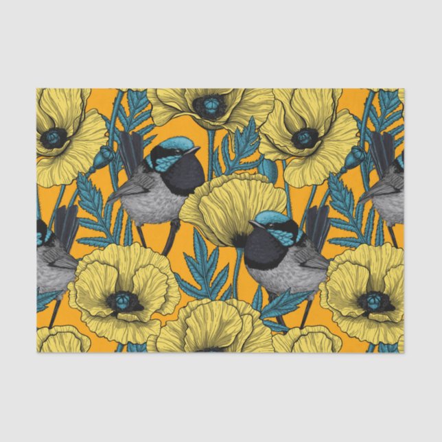 Fairy wren and poppies in yellow tissue paper (Front)