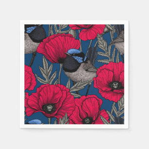 Fairy wren and poppies napkin