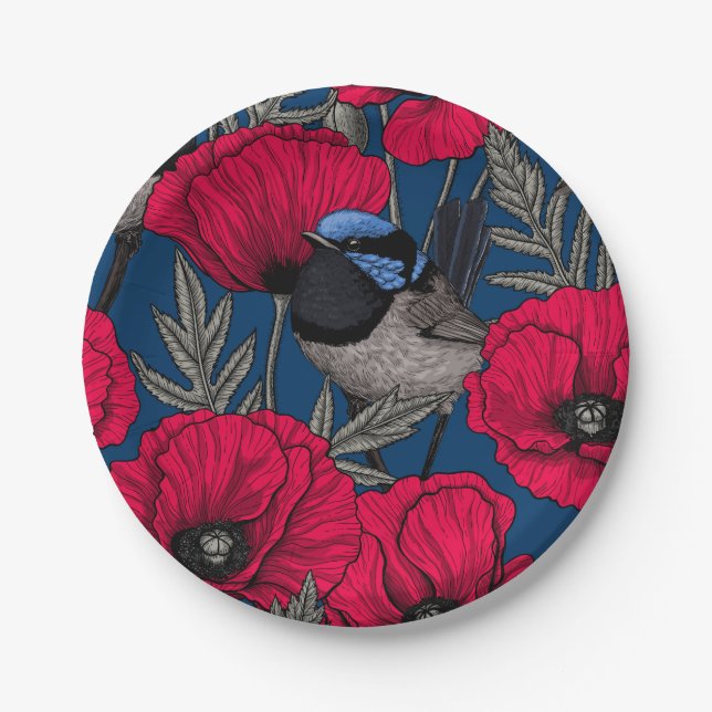 Fairy wren and poppies paper plate (Front)