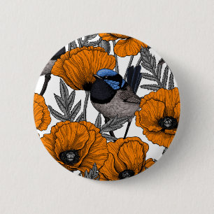 Fairy wrens and orange poppy flowers 2 6 cm round badge