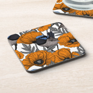 Fairy wrens and orange poppy flowers 2 coaster