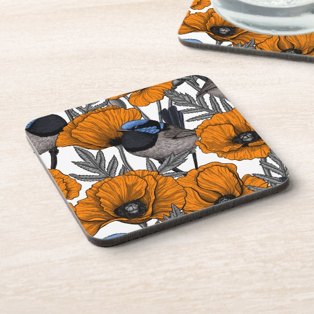 Fairy wrens and orange poppy flowers 2 coaster (Left Side)