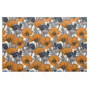 Fairy wrens and orange poppy flowers 2 fabric