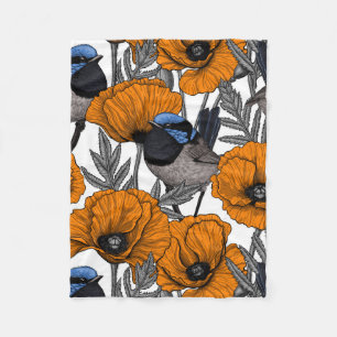 Fairy wrens and orange poppy flowers 2 fleece blanket