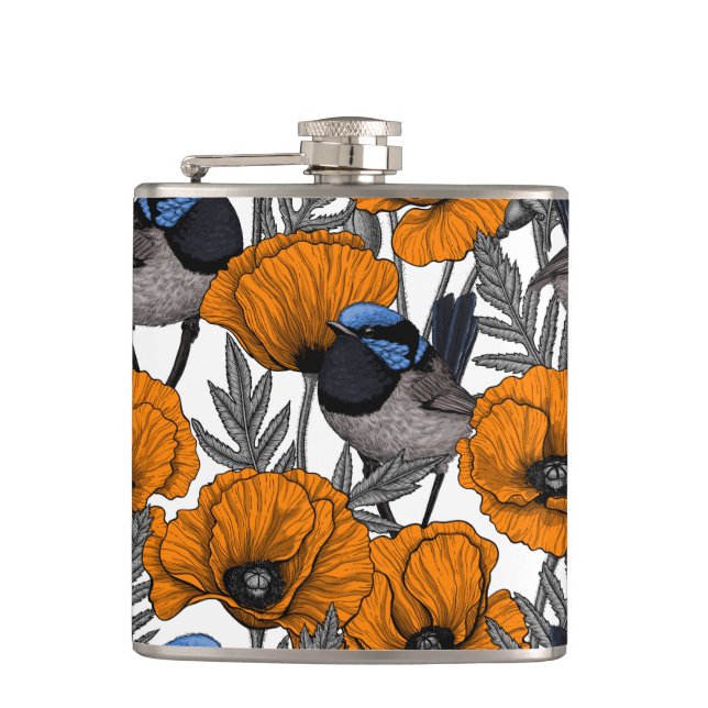 Fairy wrens and orange poppy flowers 2 hip flask (Front)