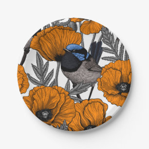 Fairy wrens and orange poppy flowers 2 paper plate