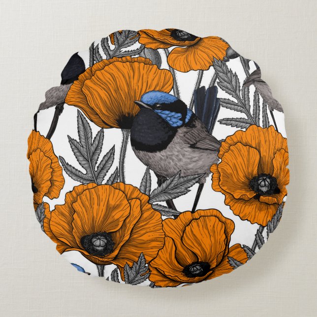 Fairy wrens and orange poppy flowers 2 round cushion (Front)