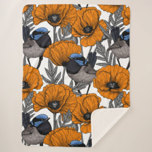 Fairy wrens and orange poppy flowers 2 sherpa blanket