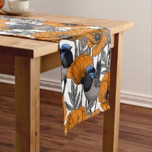 Fairy wrens and orange poppy flowers 2 short table runner