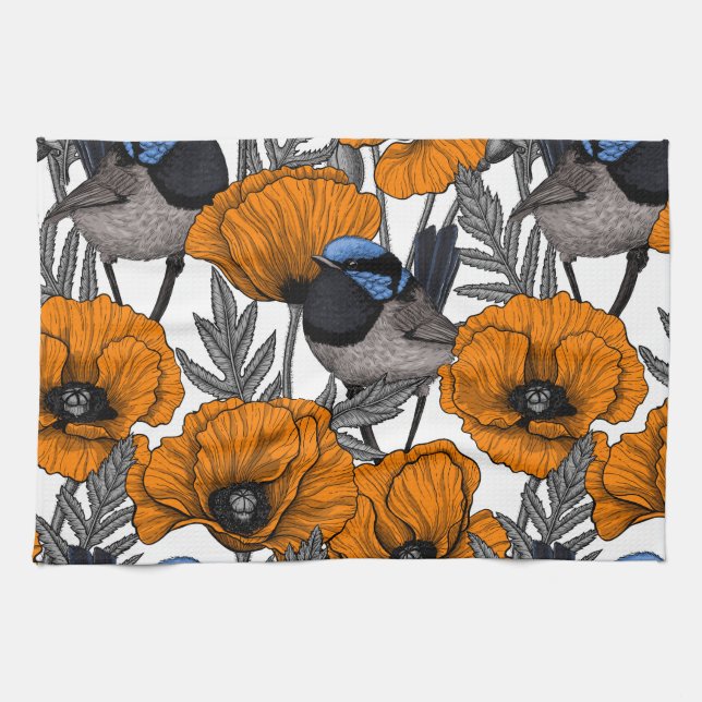 Fairy wrens and orange poppy flowers 2 tea towel (Horizontal)