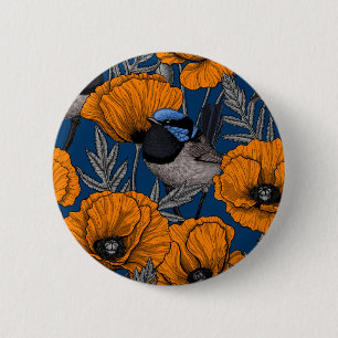 Fairy wrens and orange poppy flowers 6 cm round badge