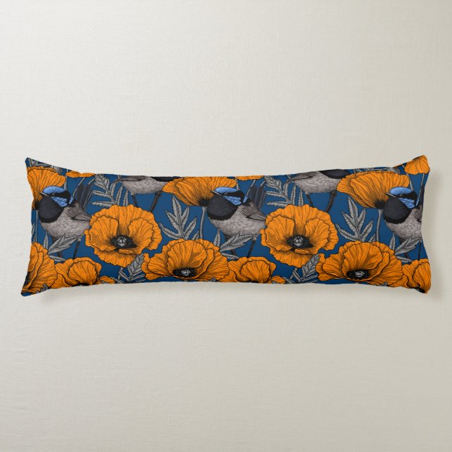 Fairy wrens and orange poppy flowers body cushion (Front)