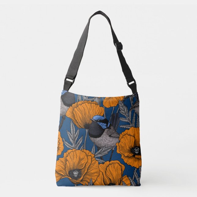 Fairy wrens and orange poppy flowers crossbody bag (Front)