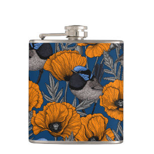 Fairy wrens and orange poppy flowers hip flask