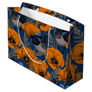 Fairy wrens and orange poppy flowers large gift bag