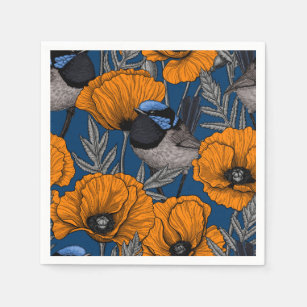Fairy wrens and orange poppy flowers napkin