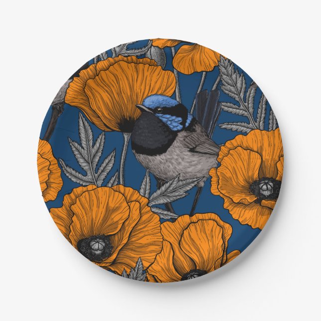 Fairy wrens and orange poppy flowers paper plate (Front)