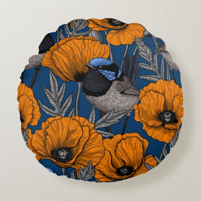 Fairy wrens and orange poppy flowers round cushion (Front)