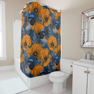 Fairy wrens and orange poppy flowers shower curtain