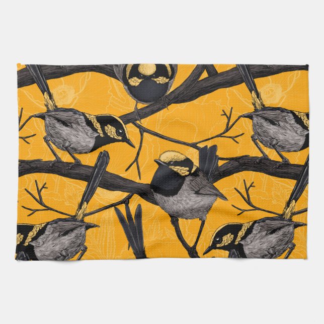 Fairy wrens in yellow tea towel (Horizontal)