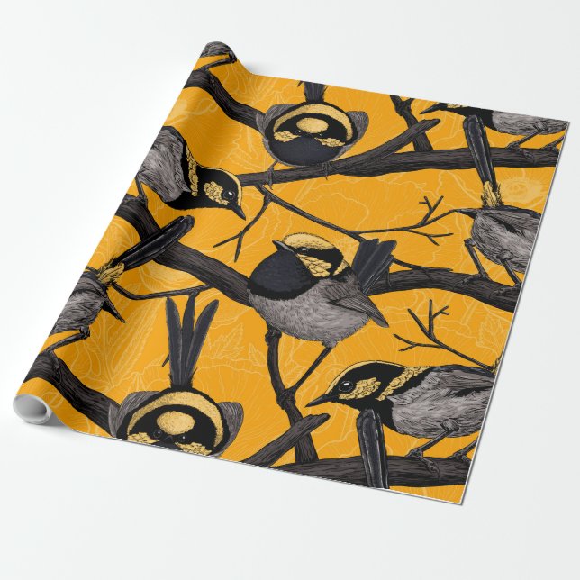 Fairy wrens in yellow wrapping paper (Unrolled)