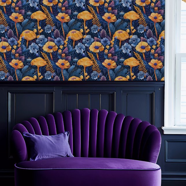 Fairycore Blue and Yellow Floral Wallpaper (Fairycore Blue and Yellow Floral Wallpaper above a purple scalloped sofa.)