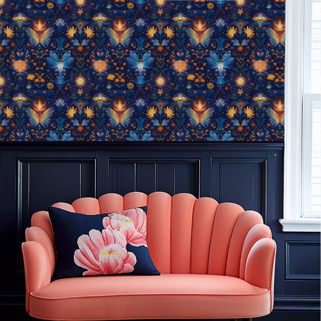 Fairycore Ethereal Butterfly Floral Wallpaper (Fairycore Ethereal Butterfly Floral Wallpaper above a coral scalloped sofa.)