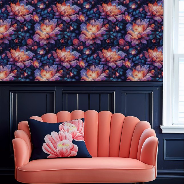 Fairycore Ethereal Glowing Flowers Wallpaper (Fairycore Ethereal Glowing Flowers Wallpaper above a coral scalloped sofa.)