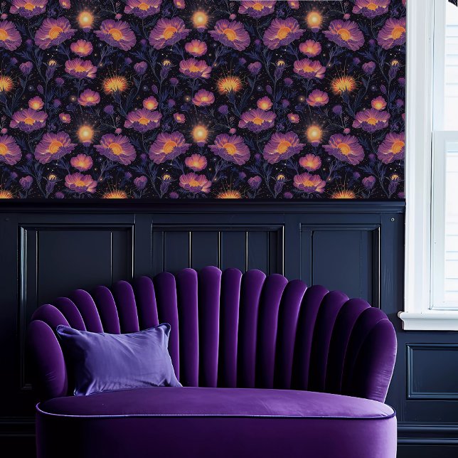 Fairycore Ethereal Glowing Purple & Yellow Floral Wallpaper (Fairycore Ethereal Glowing Purple & Yellow Floral Wallpaper above a purple scalloped sofa.)