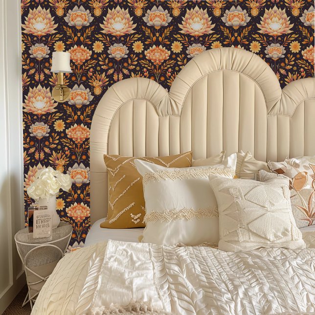 Fairycore Glowing Pink Flowers Wallpaper (Fairycore Glowing Pink Flowers Wallpaper behind a cream colored headboard.)