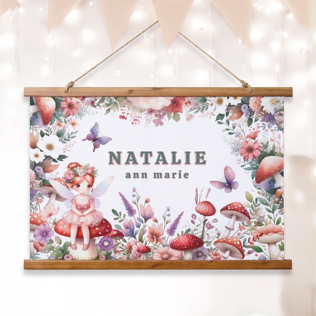Fairycore Mushroom Garden Personalised Name Hanging Tapestry (Enchanted Fairycore Garden Custom Name Tapestry Wall Art with Red Hair Fairy)