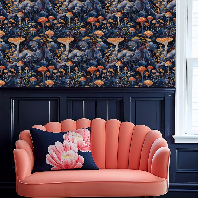 Fairycore Orange Mushrooms in a Blue Forest Wallpaper (Fairycore Orange Mushrooms in a Blue Forest Wallpaper above a coral scalloped sofa.)