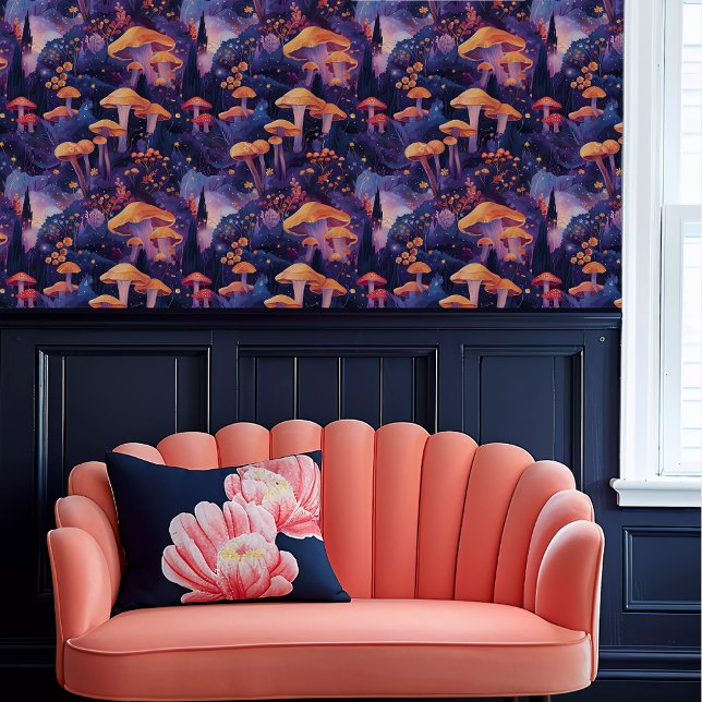 Fairycore Orange & Purple Ethereal Toadstools Wallpaper (Fairycore Orange & Purple Ethereal Toadstools Wallpaper above a coral scalloped sofa.)