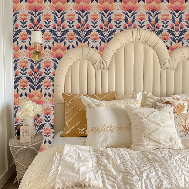Fairycore Peach, Yellow, and Blue Floral Wallpaper (Fairycore Peach, Yellow, and Blue Floral Wallpaper behind a cream colored headboard.)