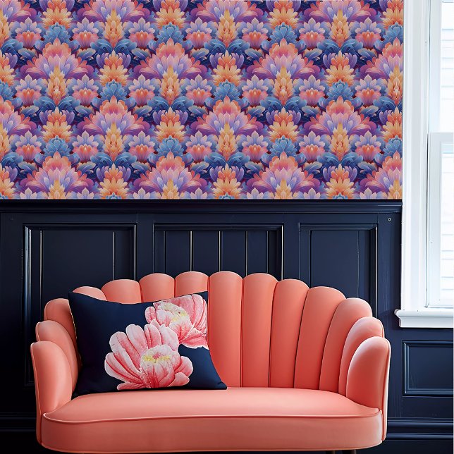 Fairycore Purple, Orange, and Blue Fauna  Wallpaper (Fairycore Purple, Orange, and Blue Fauna Wallpape above a coral scalloped sofa.)