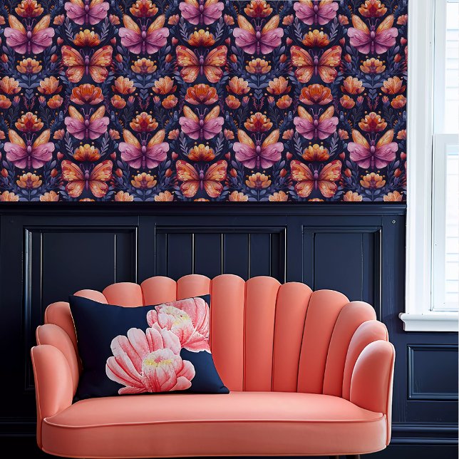 Fairycore Red and Pink Butterflies Wallpaper (Fairycore Red and Pink Butterflies Wallpaper above a coral scalloped sofa.)