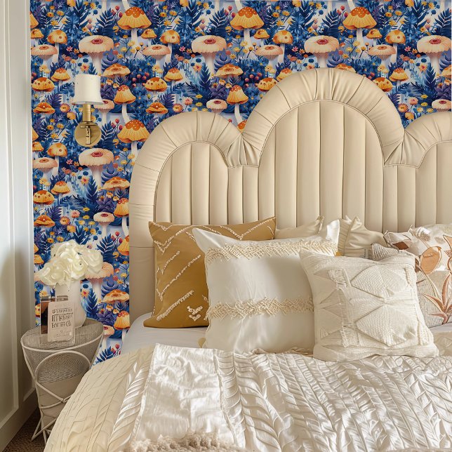 Fairycore Whimsical Large Blue & Orange Mushrooms Wallpaper (Fairycore Whimsical Large Blue & Orange Mushrooms Wallpaper behind a cream colored headboard.)