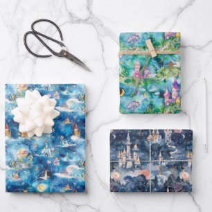 Fairyland Castles Blue Wrapping Paper Sheet