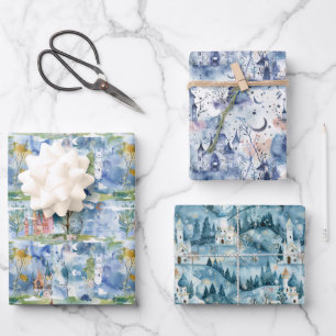 Fairyland Castles Blue Wrapping Paper Sheet