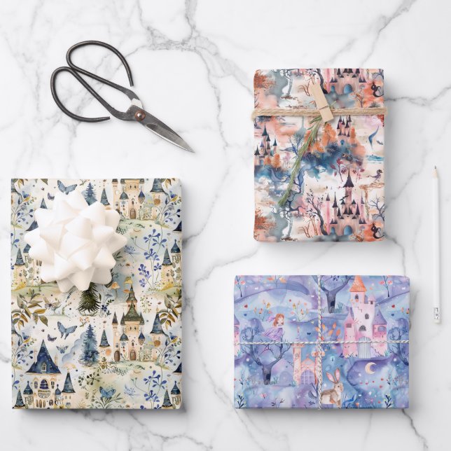 Fairyland Castles Various Colors Wrapping Paper Sheet (Front)