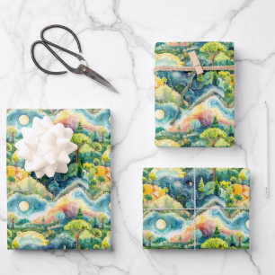 Fairyland Landscape Green Orange Wrapping Paper Sheet
