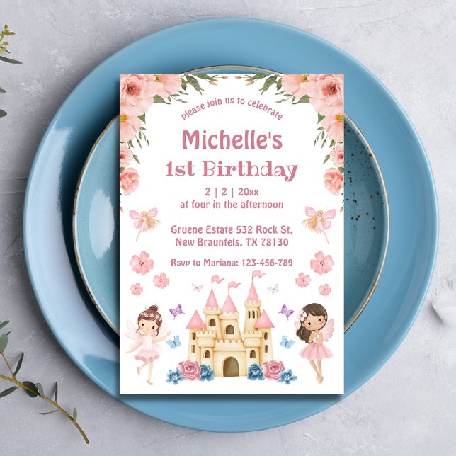  Fairytale and castle pink floral 1st birthday Invitation (Creator Uploaded)