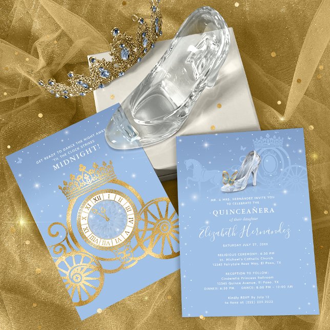 Fairytale Baby Blue Gold Cinderella Quinceanera Invitation (Light blue and gold Cinderella quinceanera invitations that will bring the magic to your big day!)