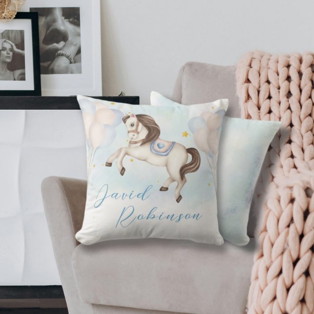 Fairytale baby boy Pony Blue balloons stars Cushion (Creator Uploaded)