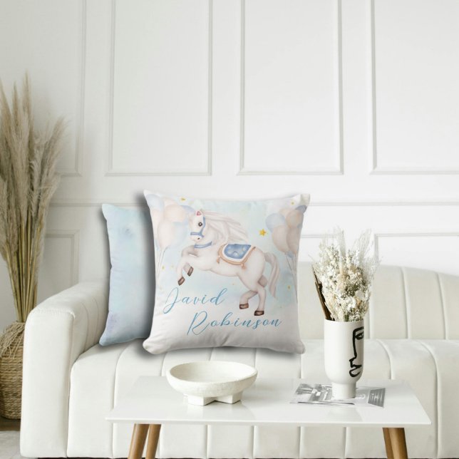 Fairytale baby boy Pony Blue balloons stars Cushion (Creator Uploaded)