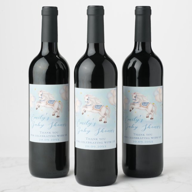 Fairytale baby Pony Blue balloons stars Shower Wine Label (Bottles)