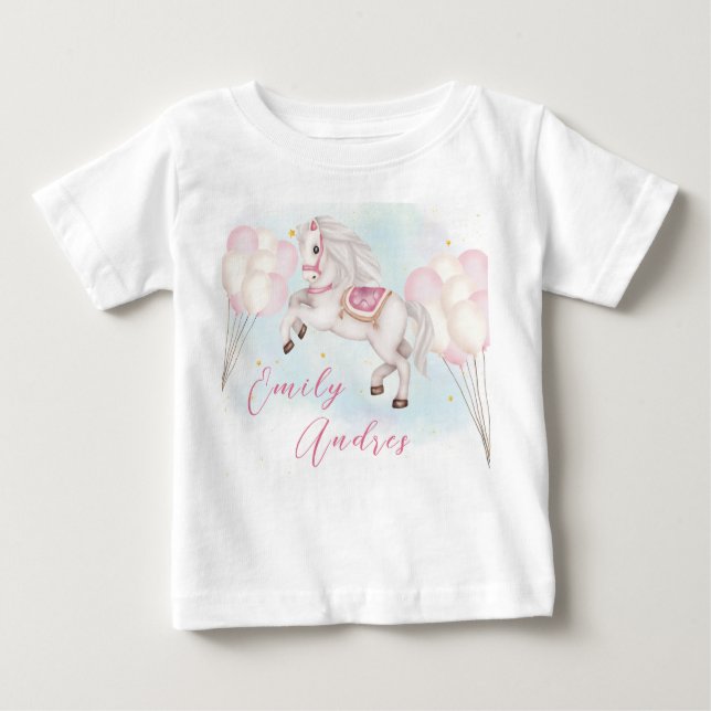 Fairytale baby Pony pink balloon Birthday girl T-Shirt (Front)