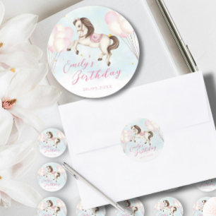 Fairytale baby Pony pink balloons star Birthday Classic Round Sticker