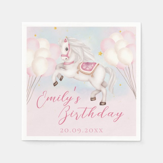 Fairytale baby Pony pink balloons star Birthday Napkin (Front)