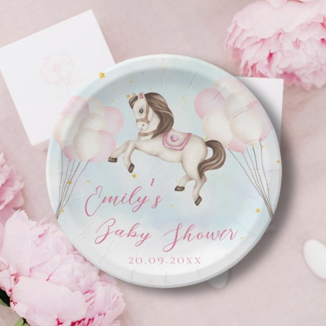 Fairytale baby Pony pink balloons stars Shower Paper Plate (Creator Uploaded)